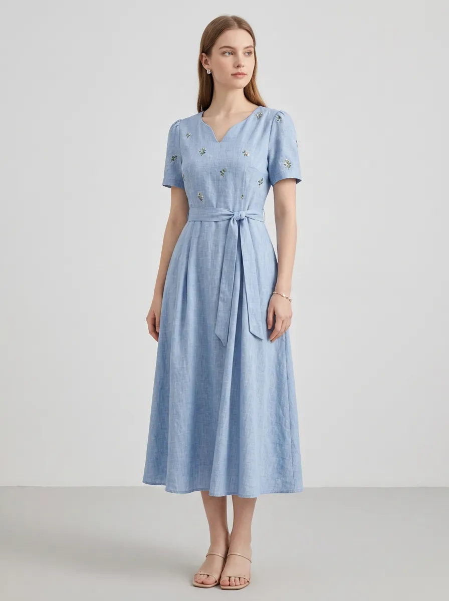 Women's Floral Embroidery V-Neck Belted Printed Dress