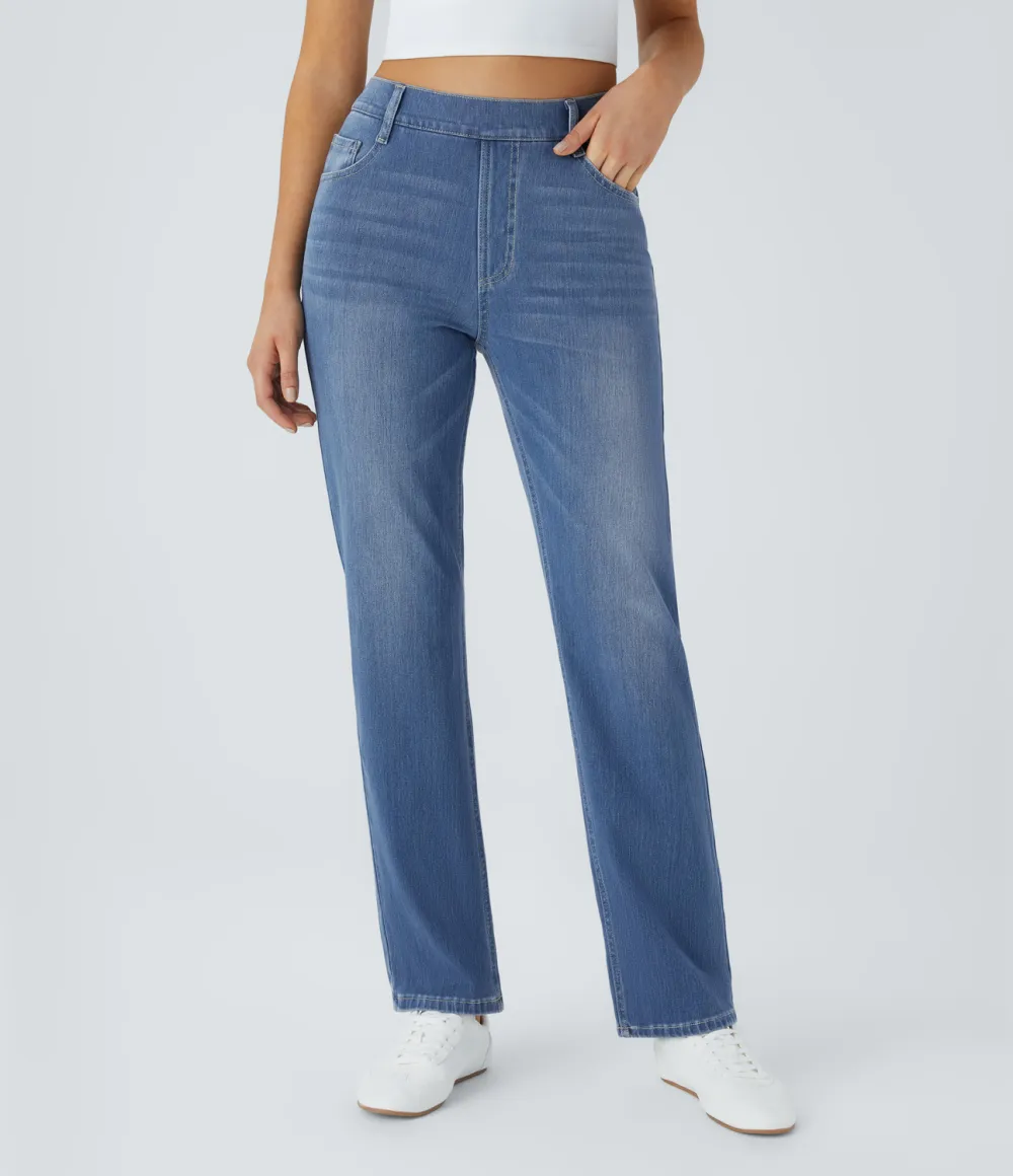 Magic High Waisted Multiple Pockets Straight Leg Washed Stretchy Knit Casual Jeans