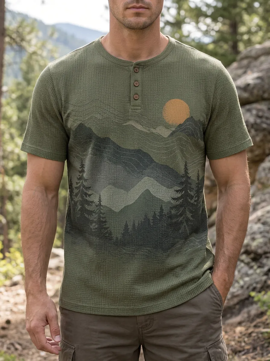 Men's Casual Outdoor Nature Lover Mountain Forest Henley T-Shirt