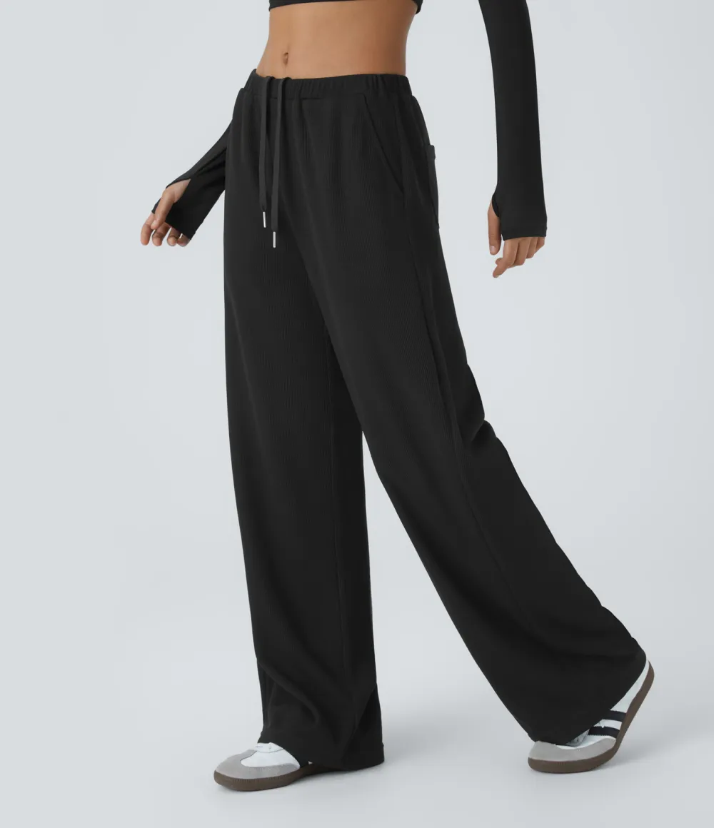 Ribbed Mid Low Rise Inside Drawstring Multiple Pockets Wide Leg Casual Pants