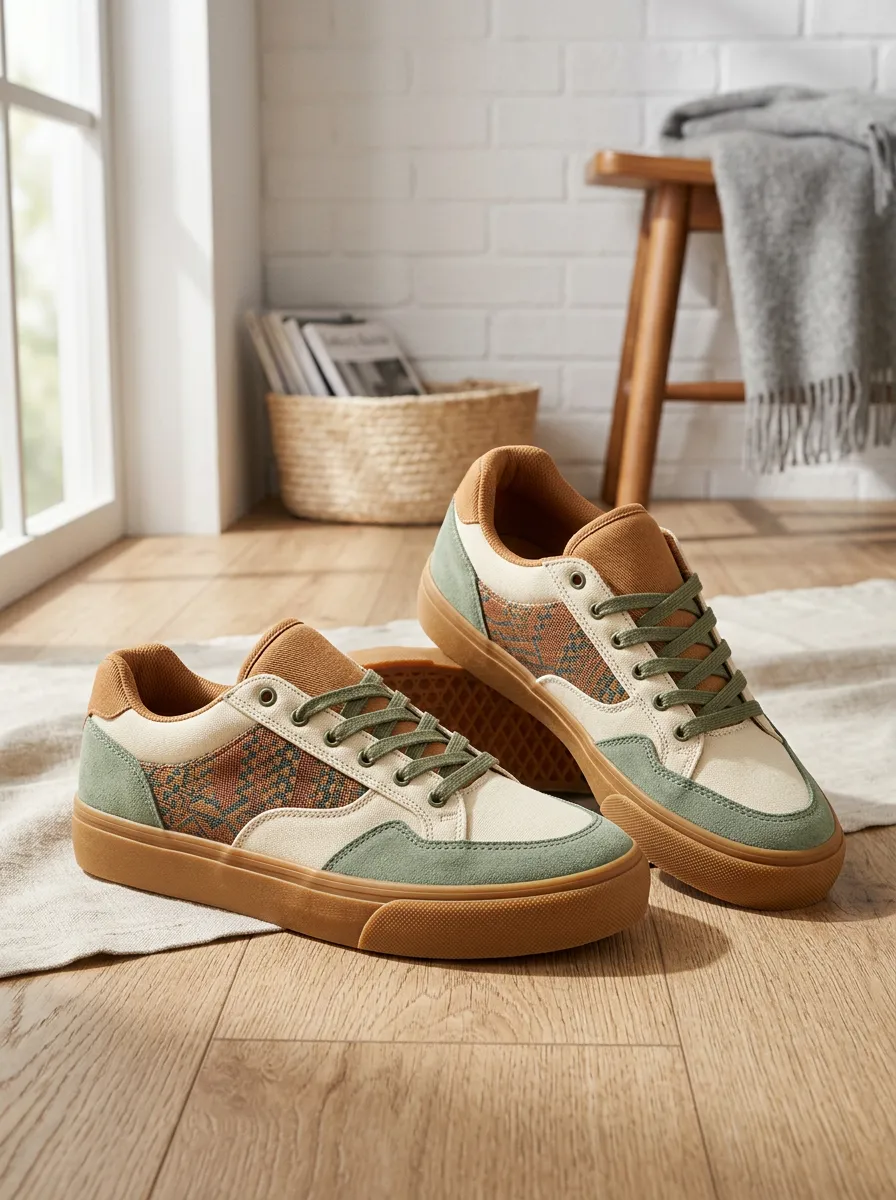 Women's Boho Geometric Pattern Sage Green Printed Sneakers