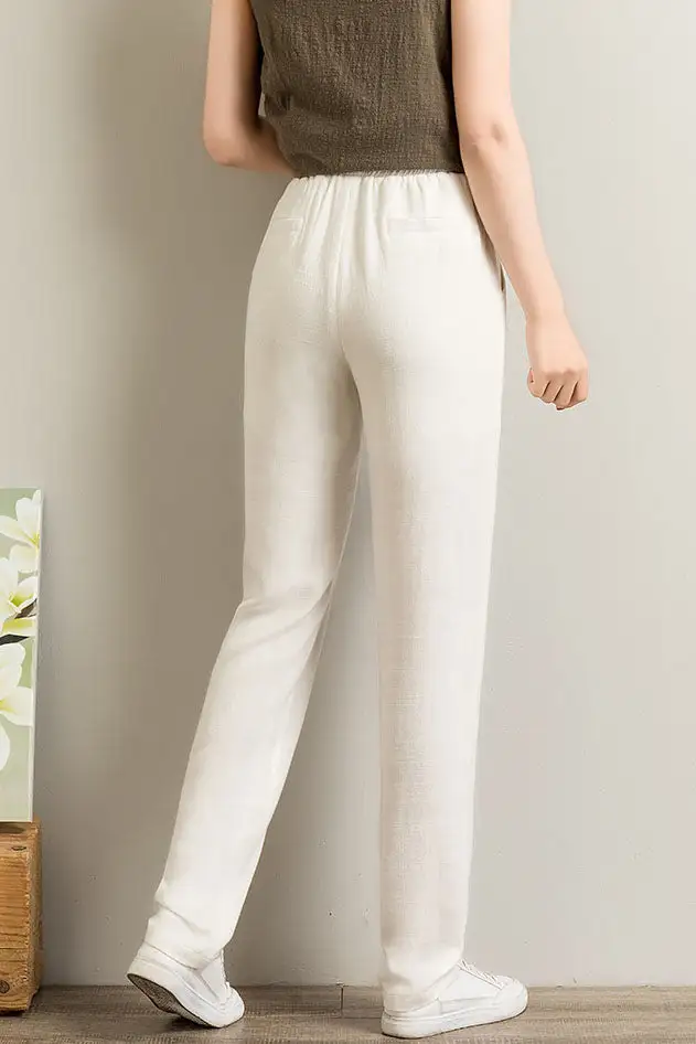 Polished Linen Wide Leg Elastic Waist Pocketed Trousers
