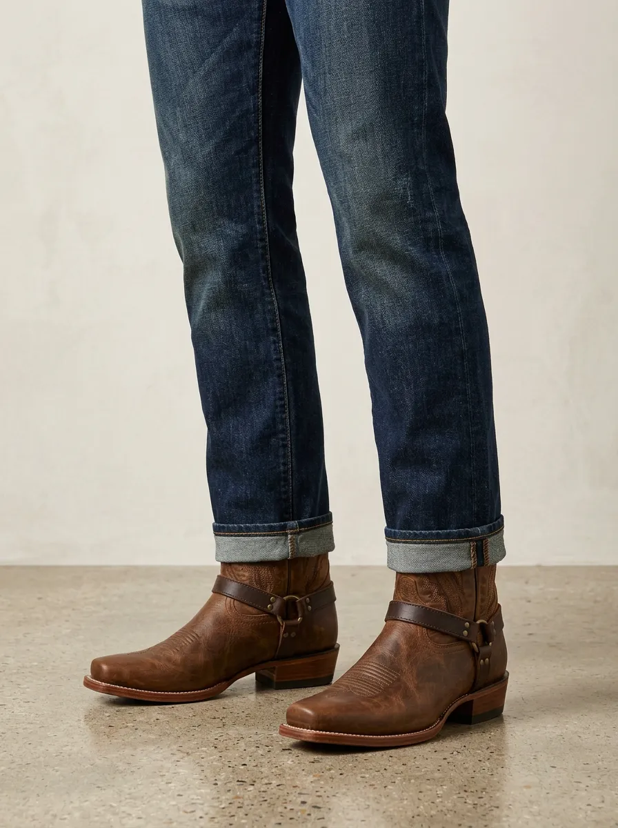 Men's Heritage Western Brown Leather Embroidered Harness Boots