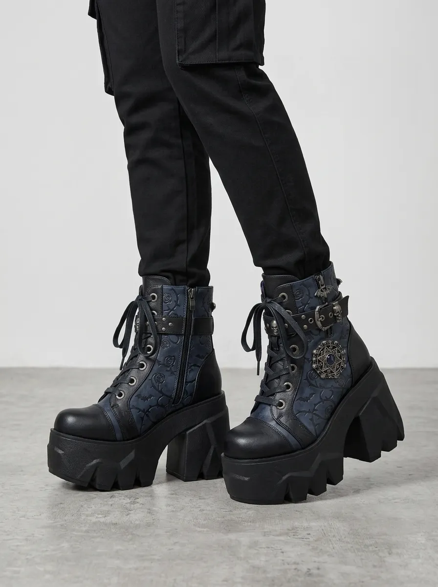 Dark Skull Bat Rose Finish Women's Gothic Platform Boots