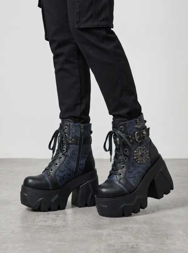 Dark Skull Bat Rose Finish Women's Gothic Platform Boots