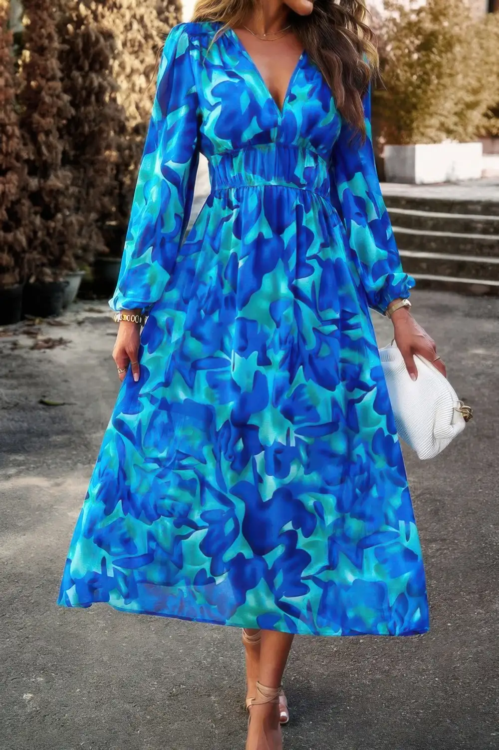 Boho V Neck Flared High Waist Long Sleeve Dress