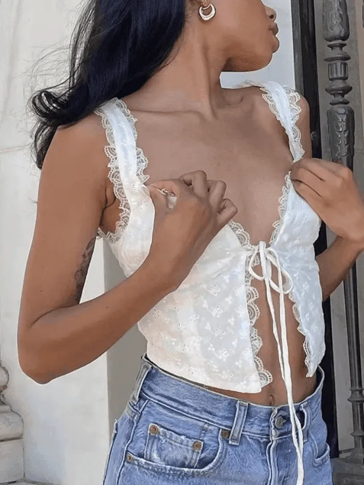 V-Neck Lace Tie-Front Lace-Up Tank Top