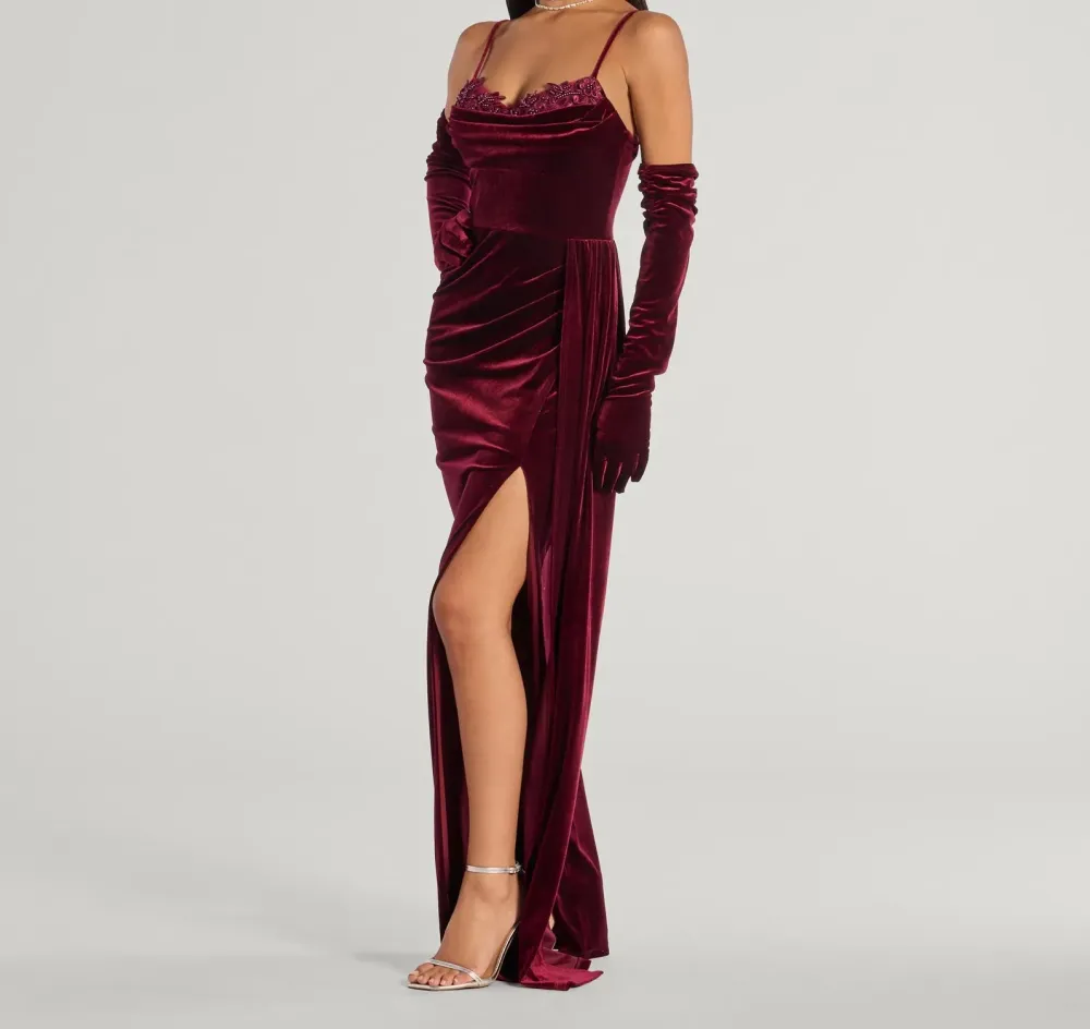 Beaded Appliqué Velvet Column Dress