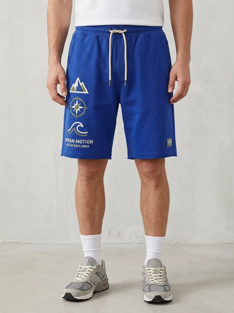 Men's Mountain Compass Wave Elastic-Waist Printed Sweat Shorts