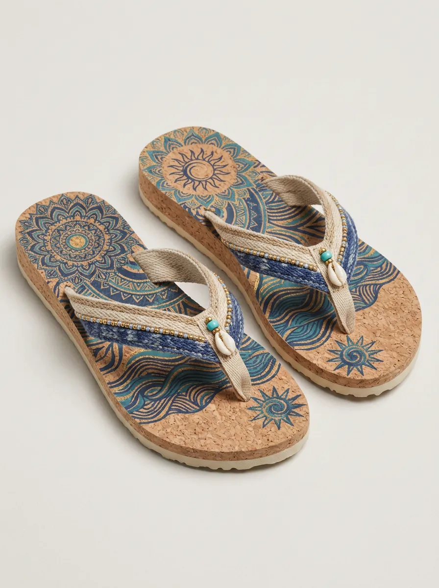 Women's Bohemian Sun Mandala Cork Printed Flip Flops