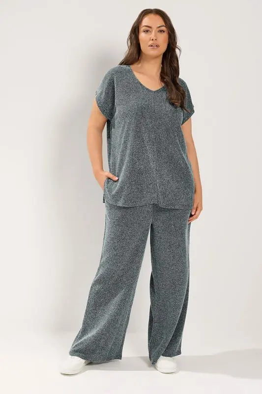 Grey Textured Knit V-Neck Top