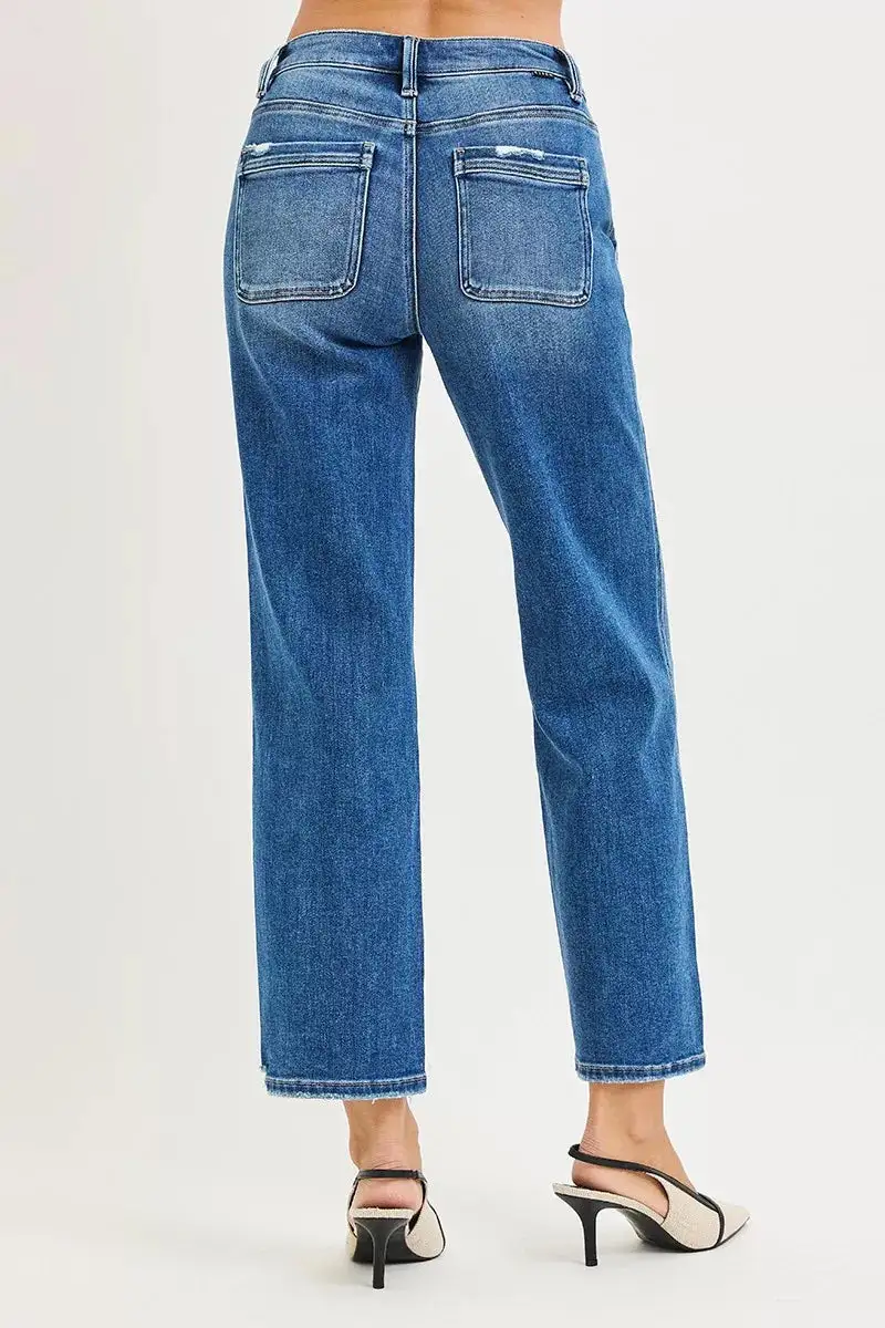 Sharp High Waist Straight Leg Distressed Denim Jeans