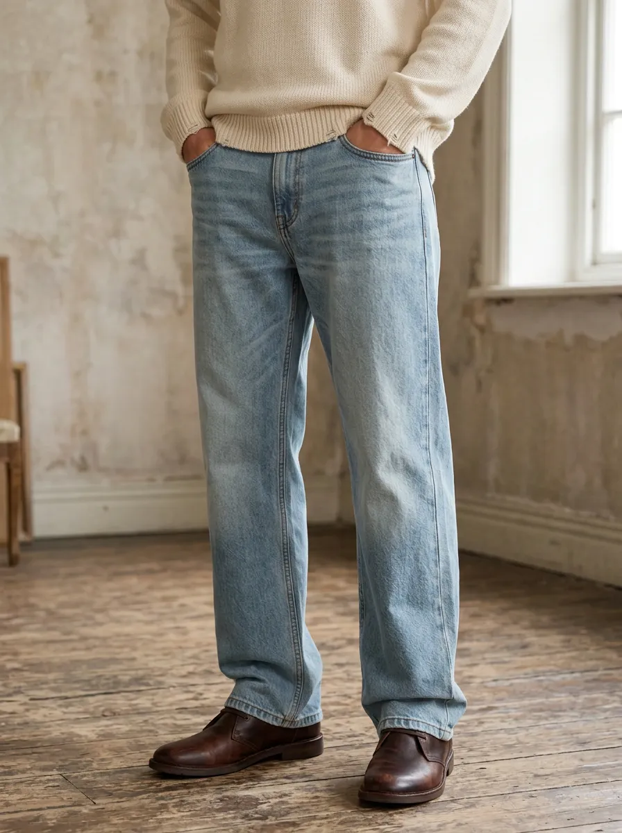 Men's Vintage Light Wash Straight Leg Denim Jeans