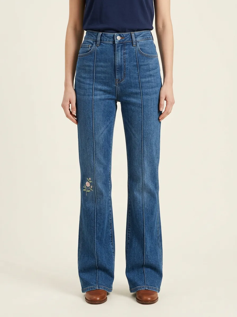 Women's Rose Thigh Embroidered Front-Seam High-Rise Flare Jeans