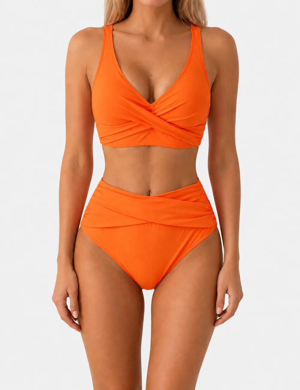 Twist Front V Neck High Waisted Bikini Set