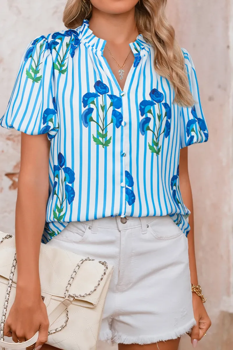 Striped Floral Notched Neck Blouse