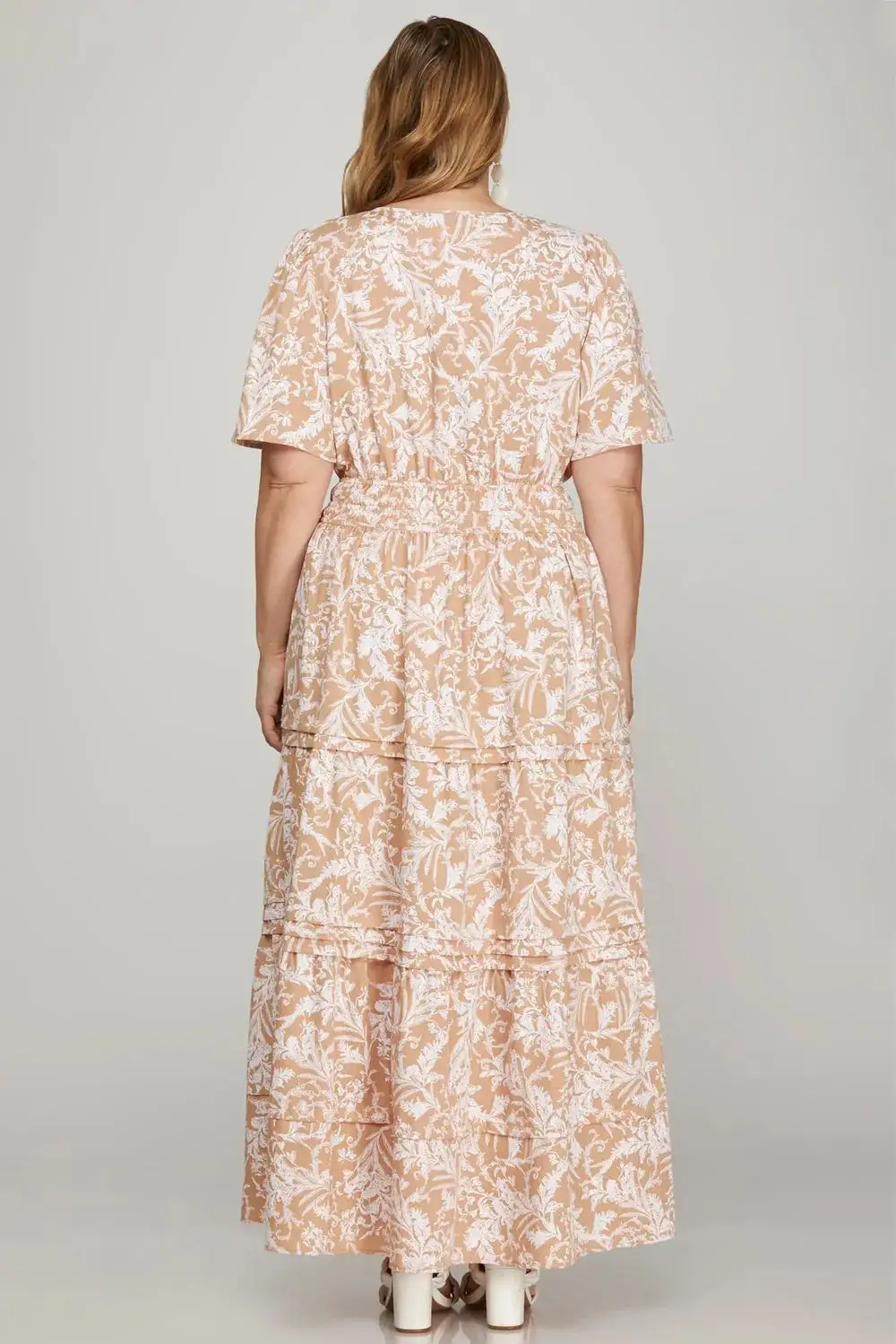 Printed Notched Woven Tiered Pintuck Maxi Dress with Side Pockets
