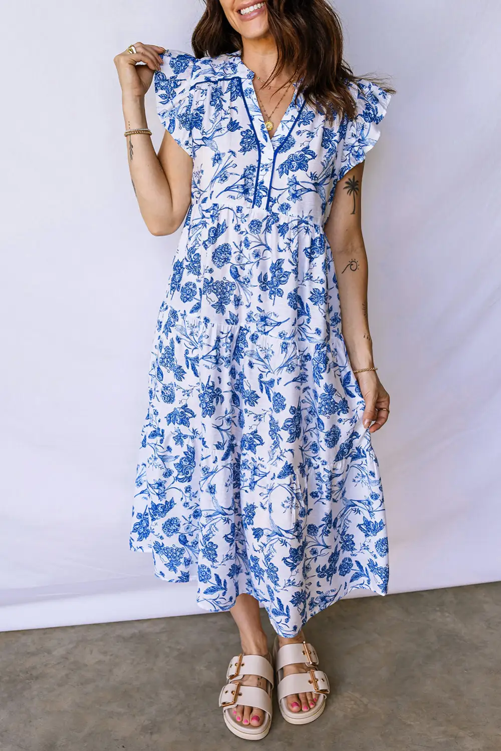Polished Detail Floral Ruffle Tiered Midi Dress