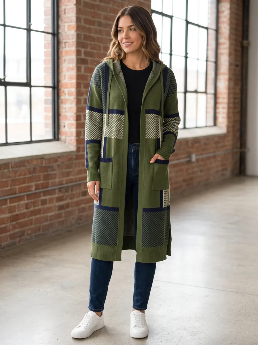 Women's Casual Style Olive Green Plaid Pattern Knitted Hooded Cardigan