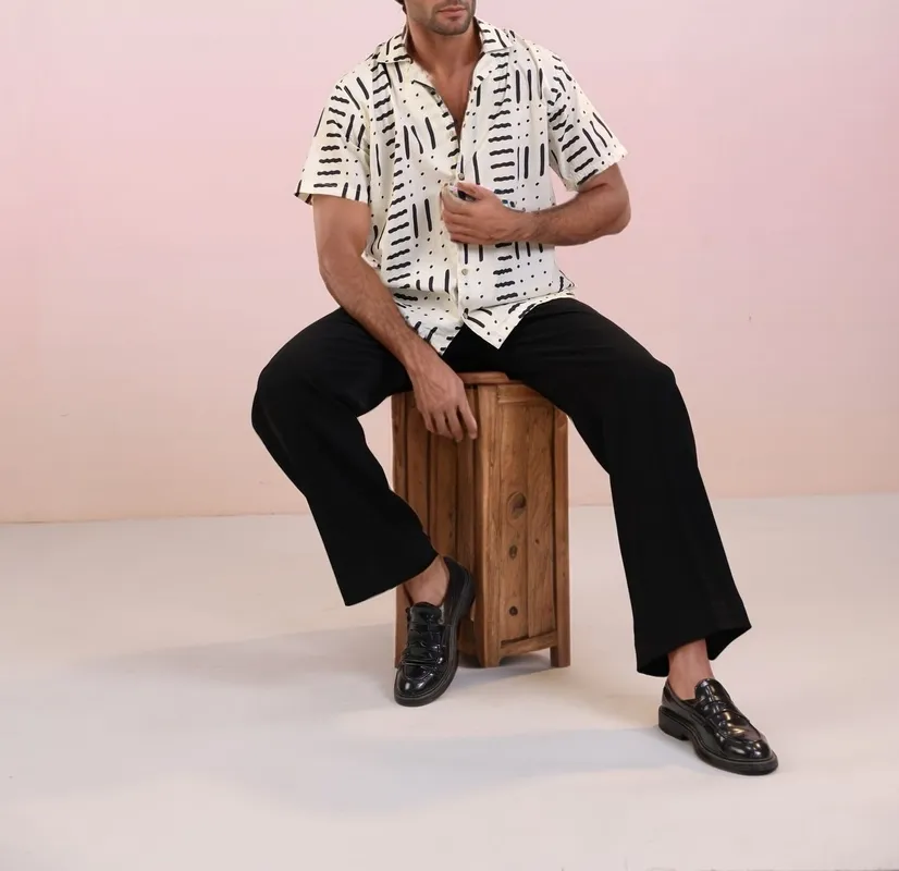 White Abstract Mulmul Cotton Camp Collar Shirt