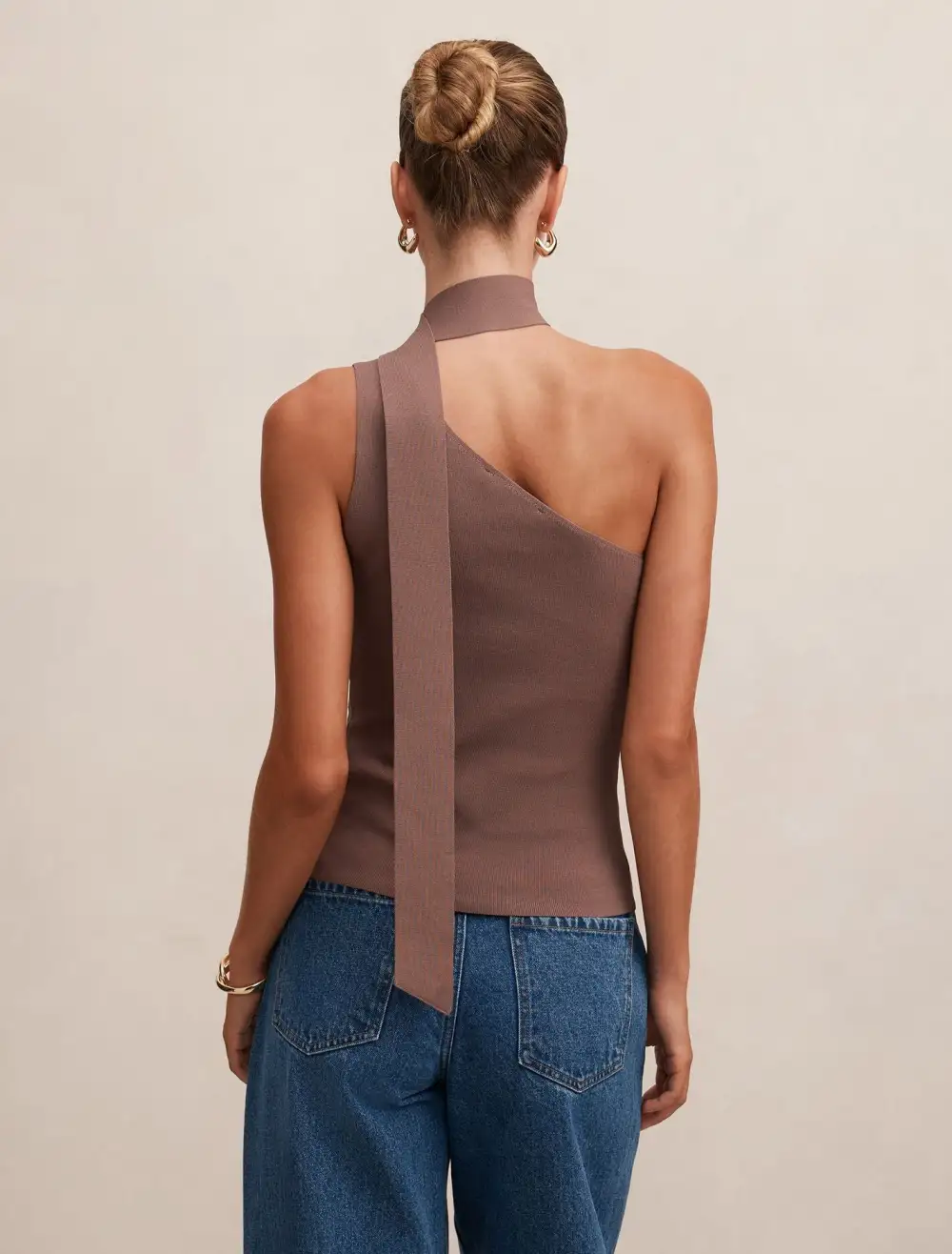 Brown Ribbed Knit One-Shoulder Scarf Top