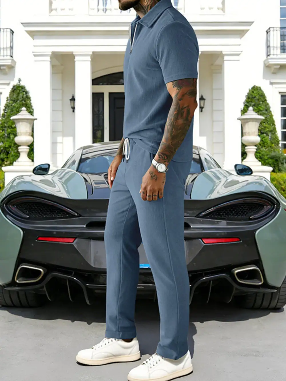 Men's Full Size Casual Zipper Polo Shirt and Pant Set