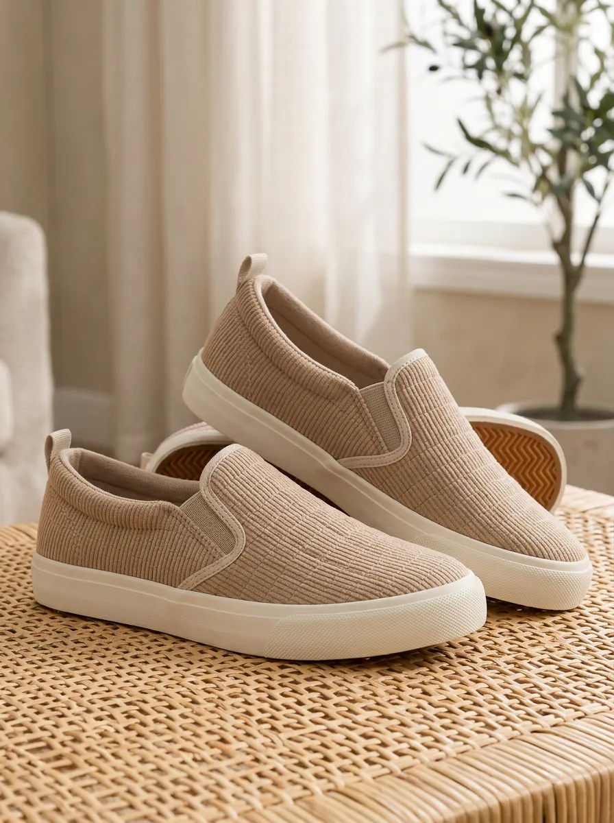 Women's Beige Corduroy Textured Slip-on Casual Shoes
