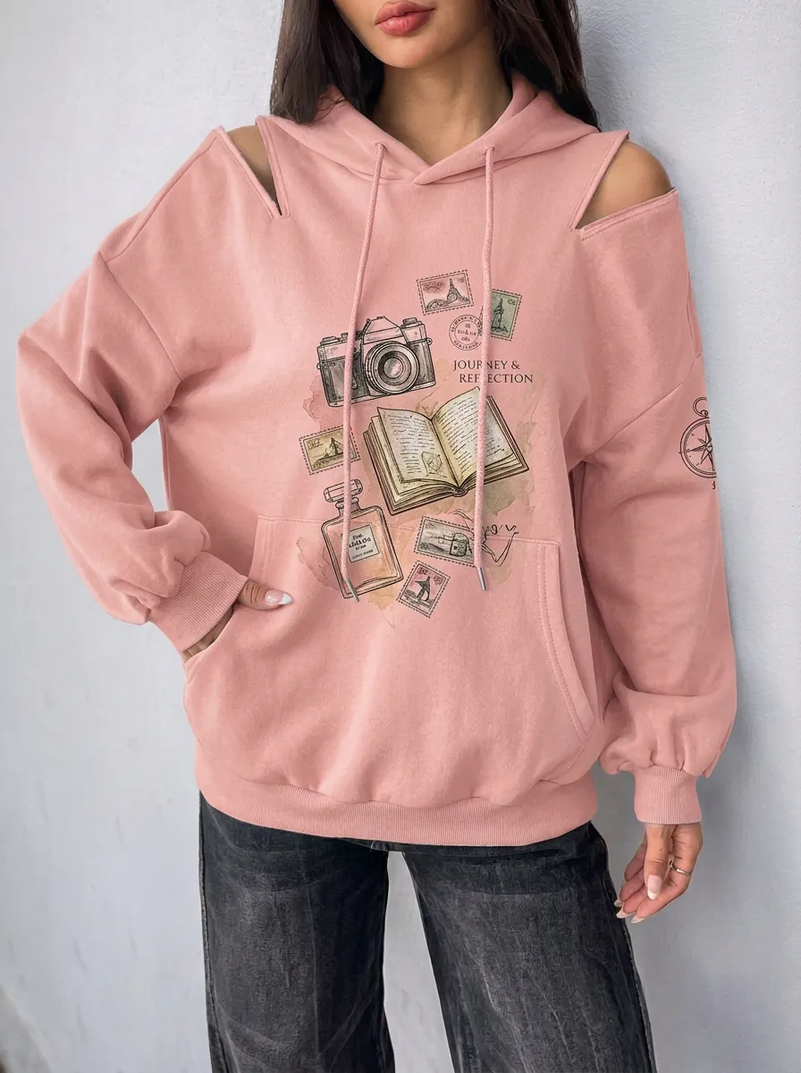 Women's Travel Lover Camera Book Stamp Printed Cold Shoulder Hoodie