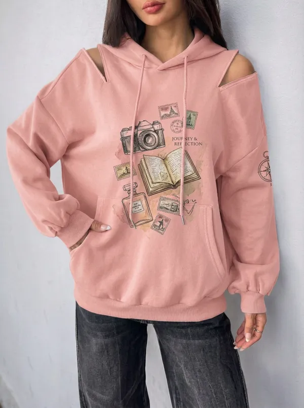 Women's Travel Lover Camera Book Stamp Printed Cold Shoulder Hoodie