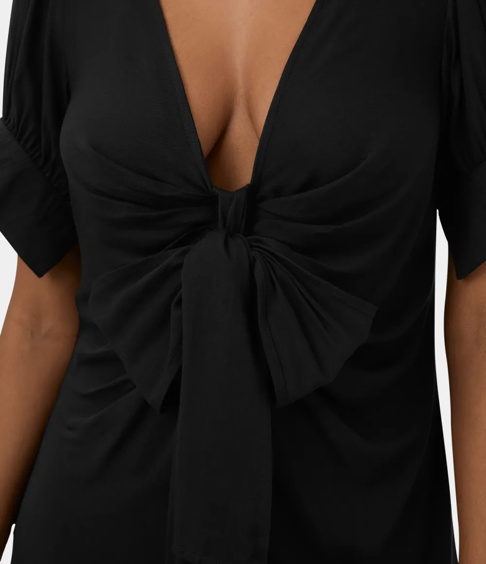 Deep V Neck Bishop Sleeve Button Tie Front Ruched Midi Casual Dress