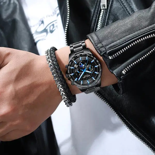 Sollen SL608 Automatic Watch - Men's Multi-Function Moonphase Stainless Steel 5-Bead Bracelet Wristwatch