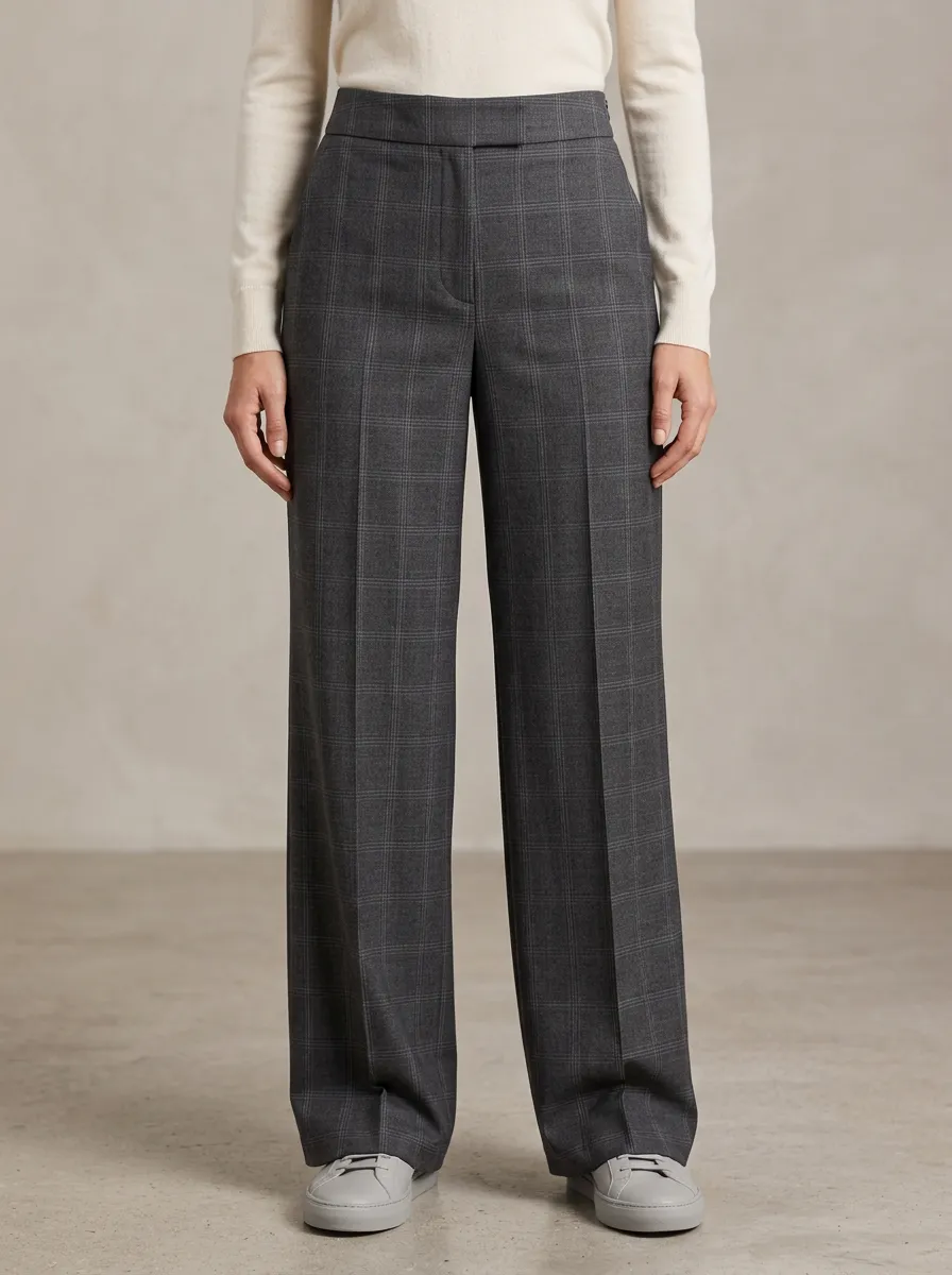 Minimal Plaid Printed Wide-Leg Trousers