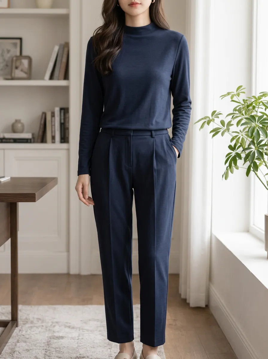 Women's Navy Mock Neck Long Sleeve Casual Trousers Set