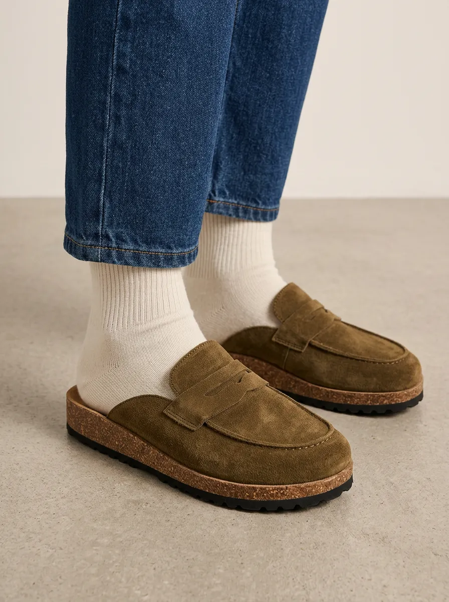 Women's Clog Style Suede Wood Sole Loafers