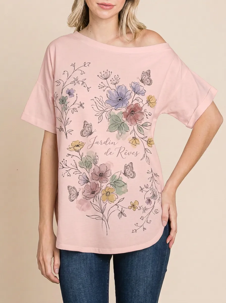 Women's Floral Butterfly Jardin de Rêves Printed T-shirt