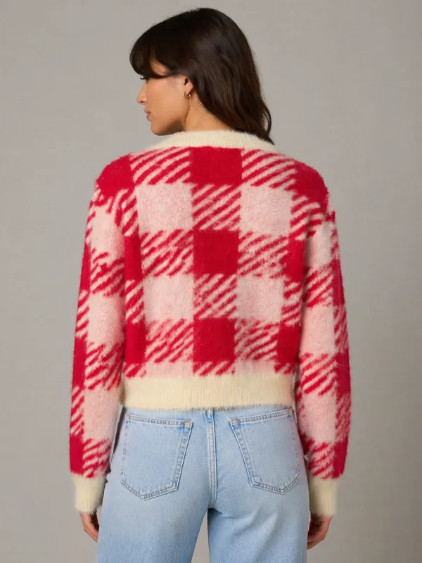 Ribbed Button Front Checkered Striped Cardigan