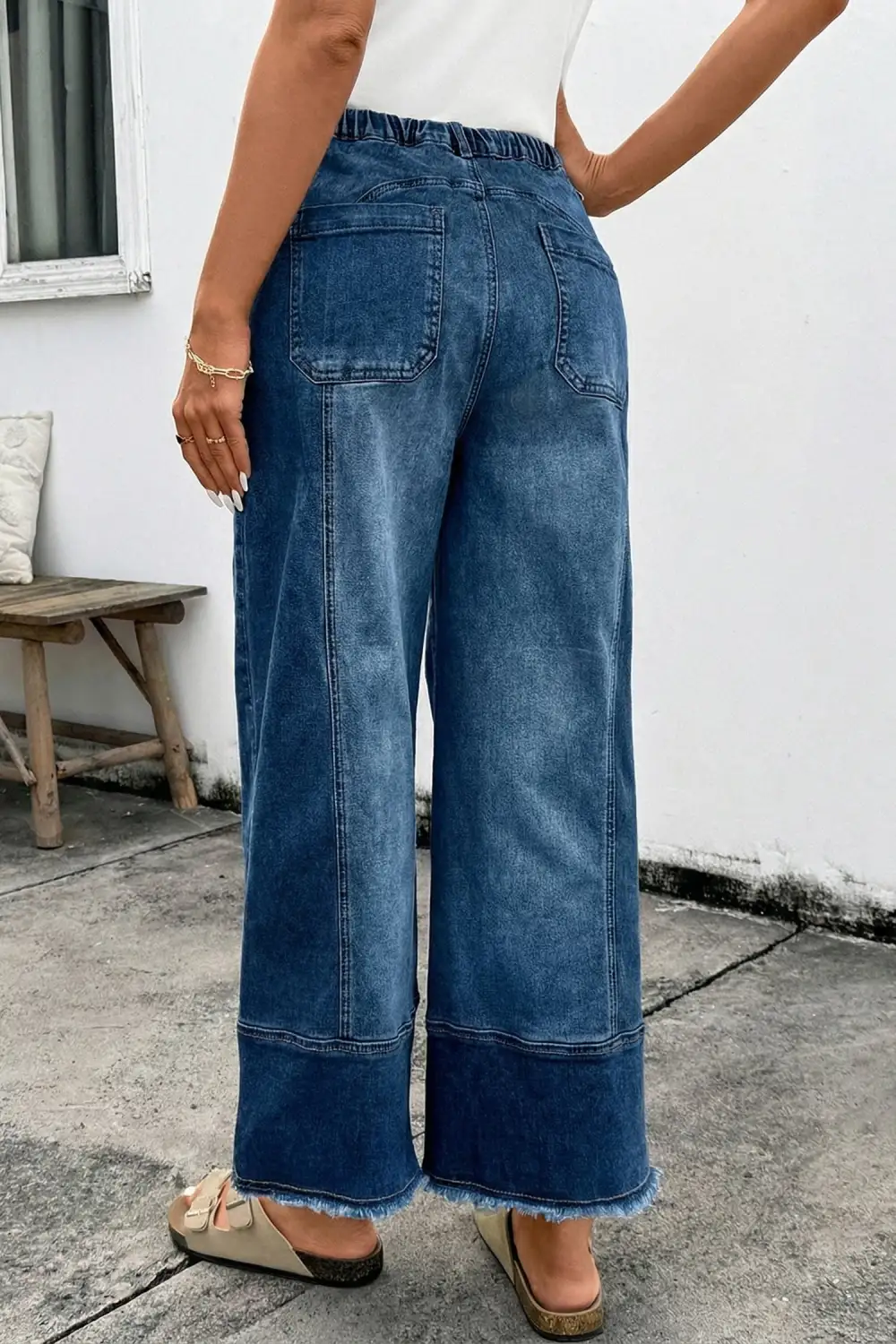Women's Drawstring Raw Hem Wide Leg Denim Pants