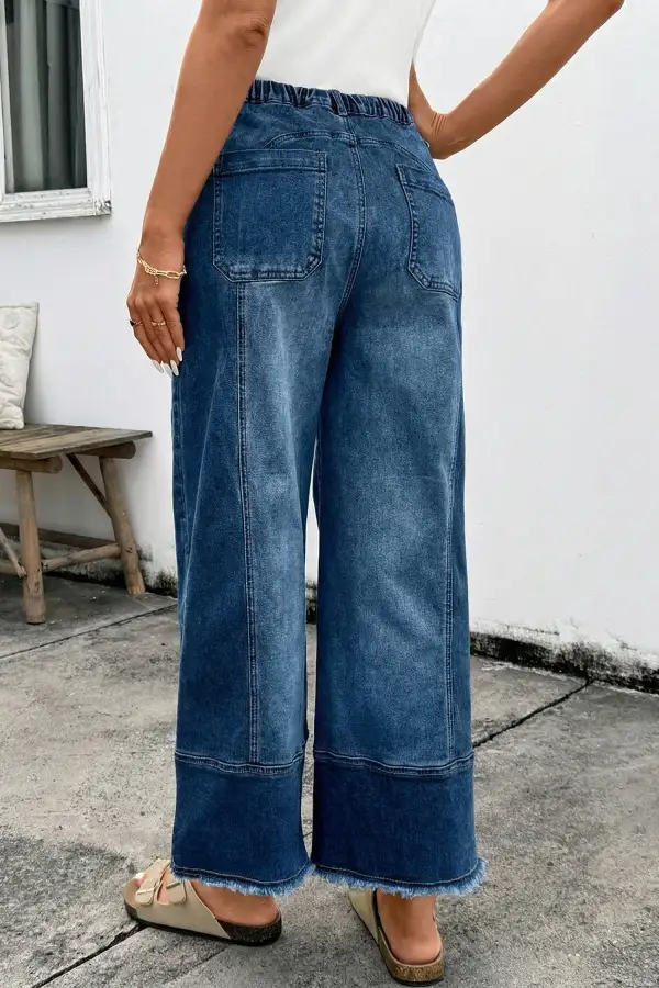 Women's Drawstring Raw Hem Wide Leg Denim Pants
