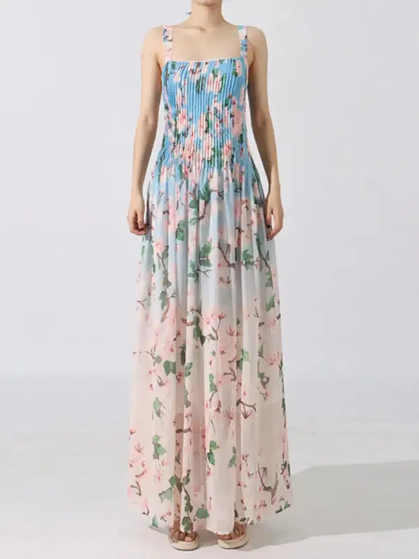 Layered Detail Floral Printed Pleated Maxi Dress