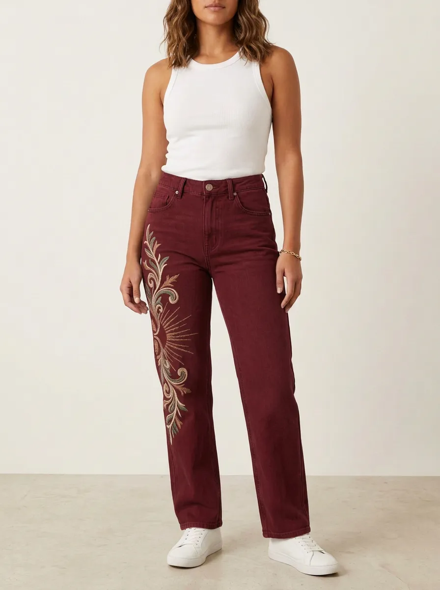Women's Boho Sun Floral Embroidered Printed Straight Leg Jeans
