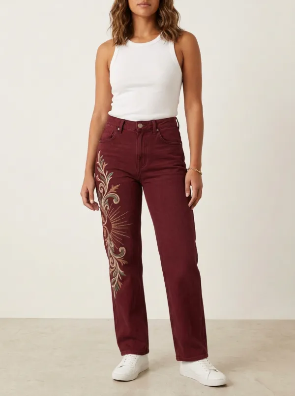 Women's Boho Sun Floral Embroidered Printed Straight Leg Jeans
