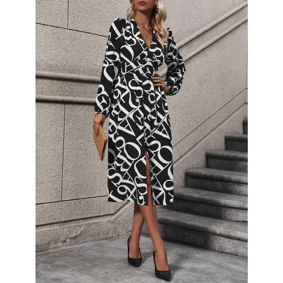 Neck V-Neck Long Sleeve Midi Dress
