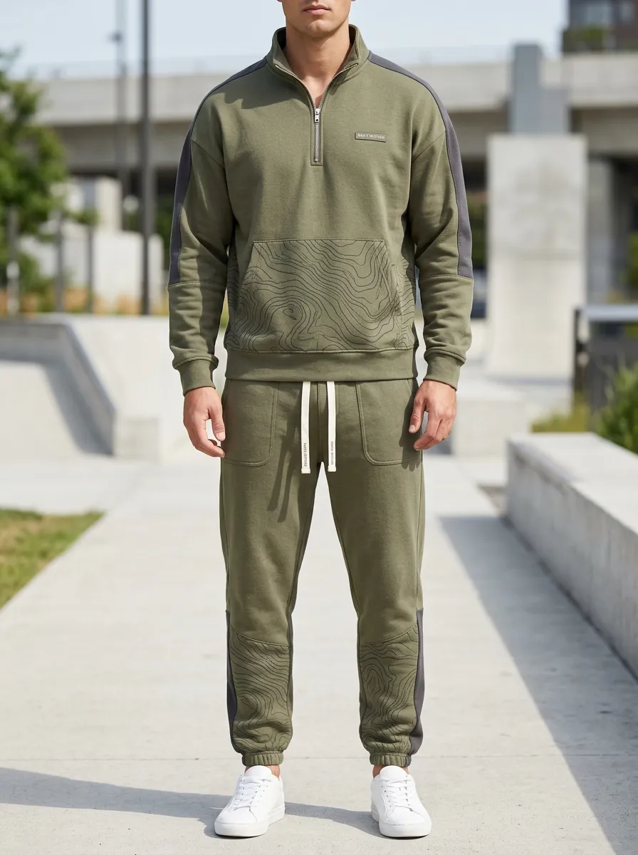 Men's Casual Outdoor Adventure Topographic Map Print Jogger Set