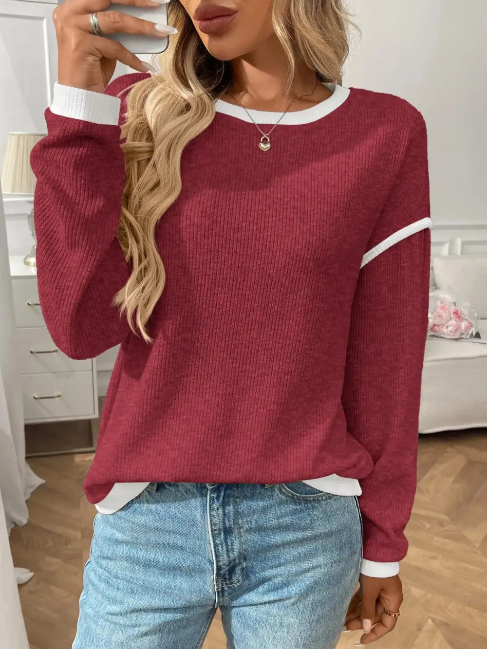 Ribbed Contrast Trim Long Sleeve Top