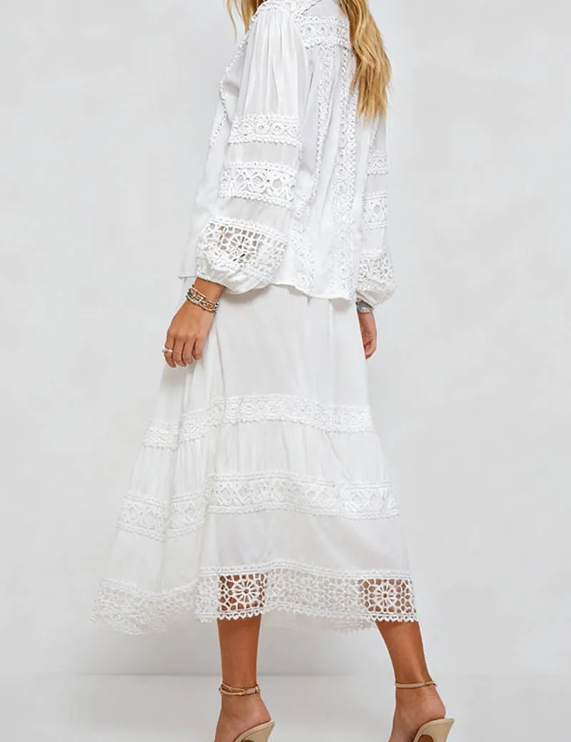 Boho Crochet Lace Trim Button Down Blouse and Tiered Skirt Set