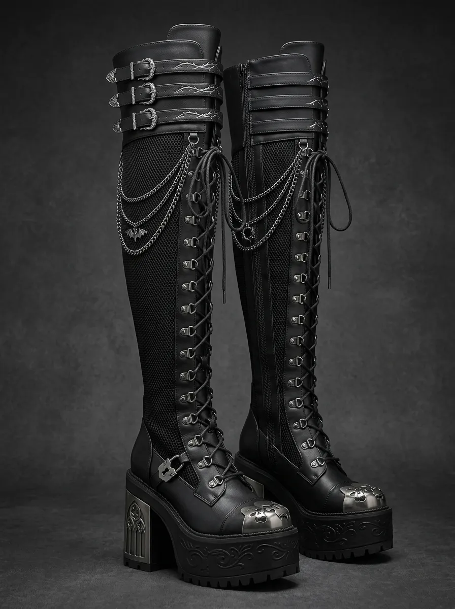 Ritual-Inspired Skull Bat Chain Gothic Edit Women's Gothic Platform Knee High Boots