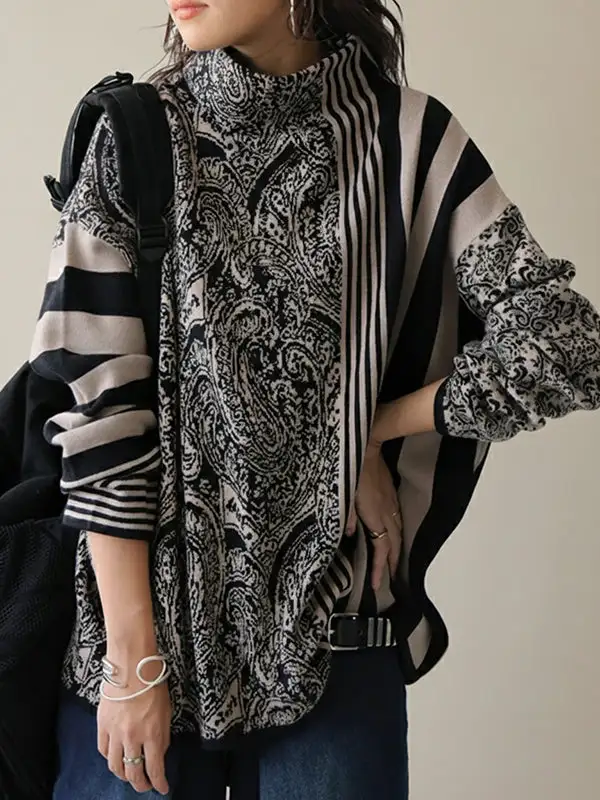 Striped Long Sleeve Relaxed Fit Pullover Sweater