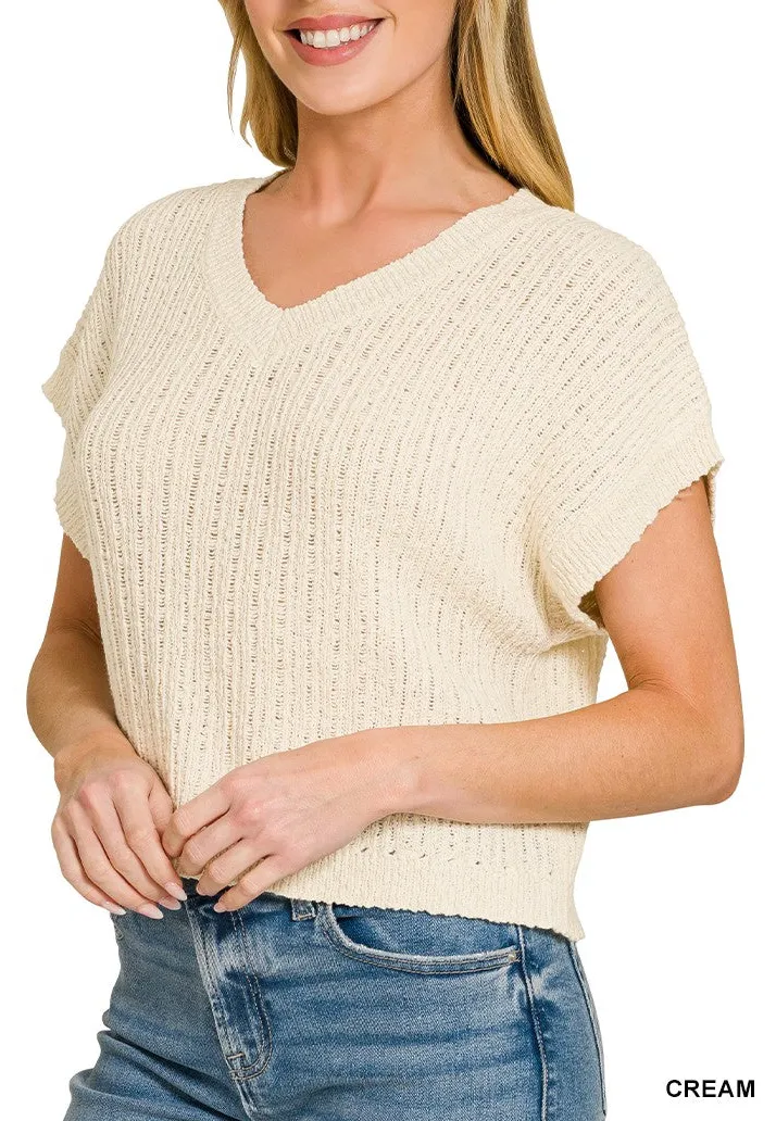 Modern Textured Knit V-Neck Cropped Sweater