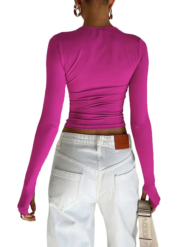 Long Sleeve Slim Fit Cutout Round Neck T-Shirt