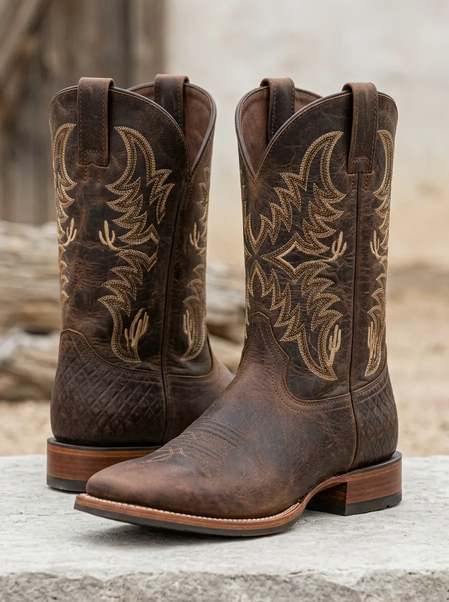 Unisex Ranchwear Embroidered Distressed Leather-Look Pattern Western Cowboy Boots